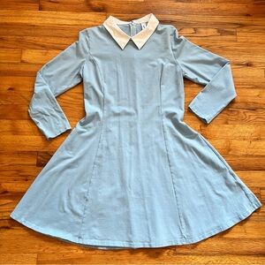 Aphratti Cosplay Baby Blue Fit and Flare Skater White Collar Long Sleeve Dress M